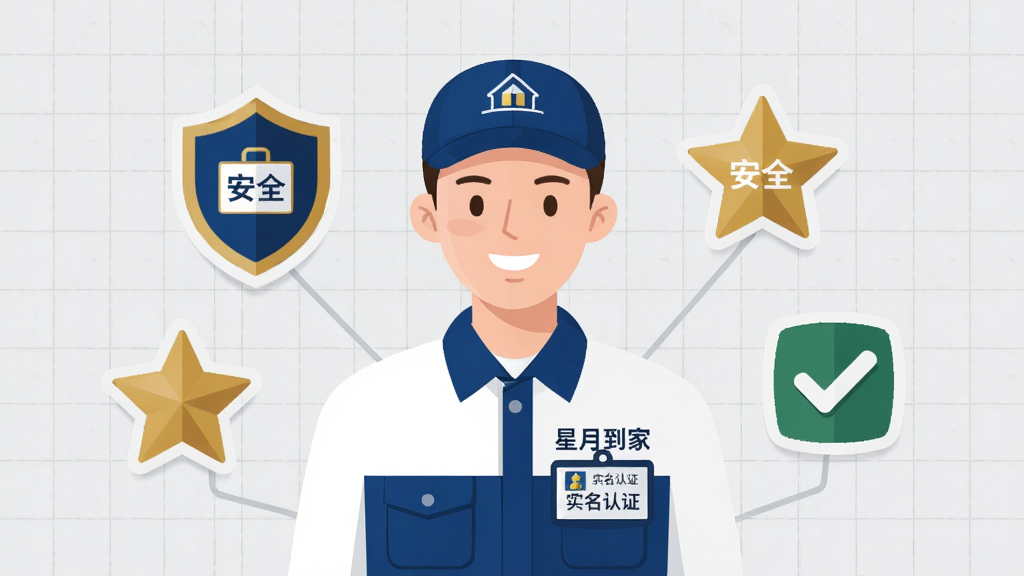 画面中心是一位身穿“星月到家”工装的技师,胸前佩戴实名认证工牌,身旁悬浮着盾牌、五角星和勾选标记的图标。背景为浅灰色网格纹理。布局采用人物居中、图标环绕的方式。风格为商务扁平插画,色调以深蓝、白色和金色为主。细节上,工牌上写有“实名认证”字样,技师面带微笑,盾牌图标带有“安全”标识。画质为高清2K,画面干净,无多余元素。