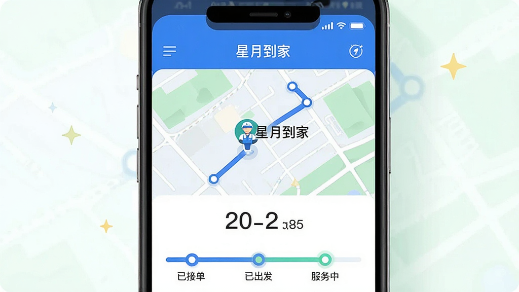 画面展示一部手机屏幕,上面显示“星月到家”订单追踪地图界面,有一个移动中的技师图标和预计到达时间倒计时。手机下方有进度条,标注“已接单”“已出发”“服务中”等节点。布局为手机居中,地图占屏幕上半部分。风格为现代UI插画,色调以蓝白和浅绿为主。细节上,地图路径清晰,技师图标旁有“星月到家”小字,进度条节点用圆点高亮。画质为超清4K,画面简洁,无杂乱信息。
