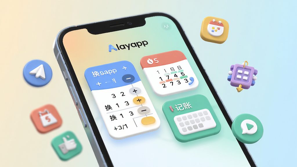 手机屏幕特写,显示Alayapp的信息查询功能页面,页面中有换算器、日历和记账小工具卡片,背景为浅色渐变,手机周围有漂浮的图标元素,整体风格为3D渲染,色彩清新,画质细腻,无多余元素