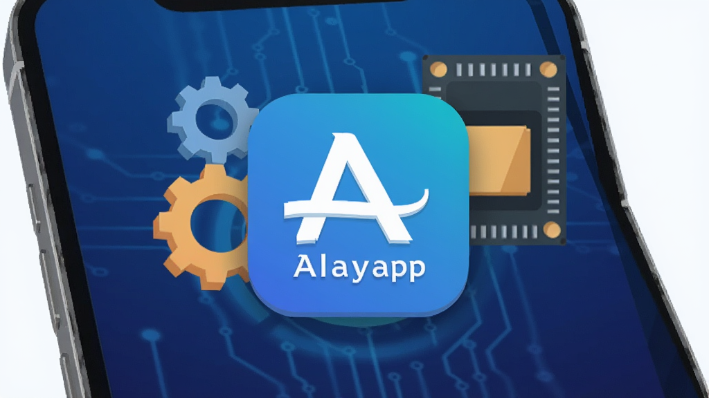 Alayapp应用图标悬浮在手机屏幕上方,图标周围有齿轮和内存条图形,表示低资源占用与系统优化,背景为深蓝色科技感渐变,风格为扁平化插画,画质高清,画面干净,无多余元素