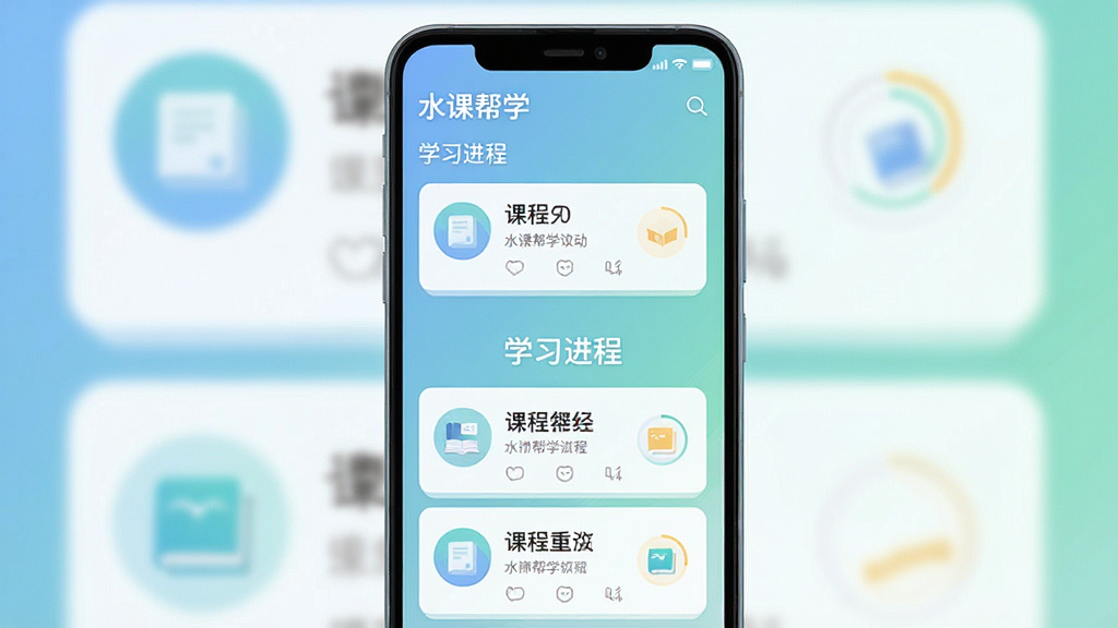 一张展示“水课帮学”软件主界面的竖版手机截图风格图,主体为安卓手机屏幕,屏幕内显示课程卡片列表与学习进度环,布局居中,排版整洁,风格为清新扁平化UI设计,细节包含柔和的蓝绿渐变背景、圆形图标和圆角卡片,画质高清,干净,无多余元素