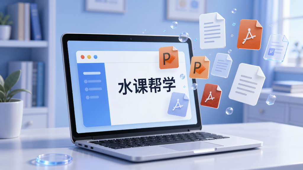 一幅AI生成的概念插图,画面中央是一台打开的笔记本电脑,屏幕中显示“水课帮学”界面,周围漂浮着多份文档图标、PPT图标和PDF图标,这些图标有序地飞入电脑屏幕中,背景是淡蓝色的书房环境,风格为现代科技插画,细节包含柔和光影与半透明悬浮元素,画质高清,干净,无多余元素