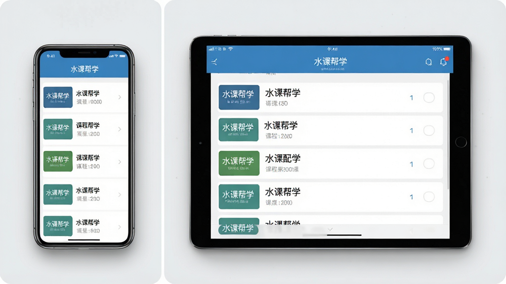 一张展示“水课帮学”在手机与平板两种设备上同步显示的对比图,左侧为竖屏手机界面,右侧为横屏平板界面,两个屏幕中均显示相同的课程资料列表,布局为左右并排,排版对称,风格为干净的产品展示风格,细节包含浅灰色背景和柔和的设备阴影,画质高清,干净,无多余元素