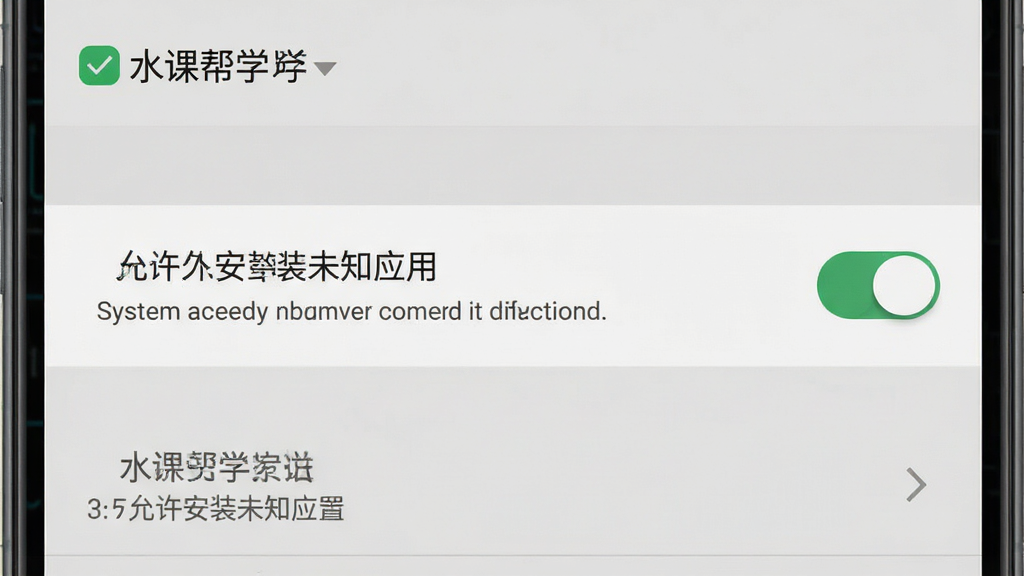 一张展示“水课帮学”在安卓手机上安装权限设置界面的示意图,主体为手机屏幕,屏幕中显示“允许安装未知应用”的开关按钮,布局为垂直列表,排版简洁,风格为系统设置界面风格,细节包含灰色背景、绿色开关和提示文字,画质高清,干净,无多余元素