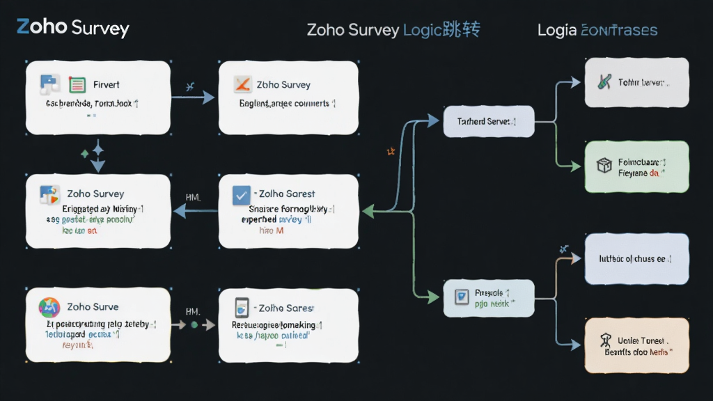 一幅展现Zoho Survey逻辑跳转功能的示意图,主体为流程图结构,左侧为问卷题目节点,右侧为跳转分支,布局为横向展开,风格扁平化科技感,细节包含不同颜色箭头连接各节点,画质高清干净无多余元素,图中标注