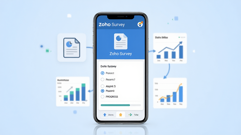 一张展示Zoho Survey软件界面的概念图,主体为一部智能手机,屏幕上显示Zoho Survey问卷编辑界面,有选择题和进度条,背景为浅蓝色渐变,布局居中,风格简洁商务,细节包含问卷图标和数据图表元素,画质清晰干净无多余元素