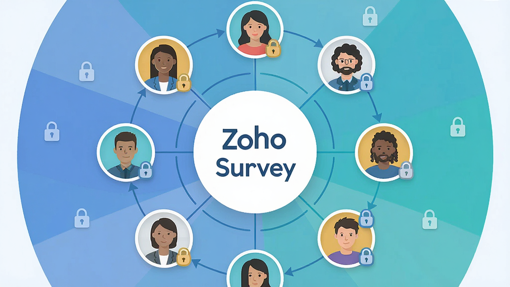 一张Zoho Survey团队协作界面概念图,主体为多个用户头像围绕一个问卷中心,布局为圆形辐射状,风格商务扁平化,细节包含权限锁图标和协作连线,画质清晰干净无多余元素,中央显示
