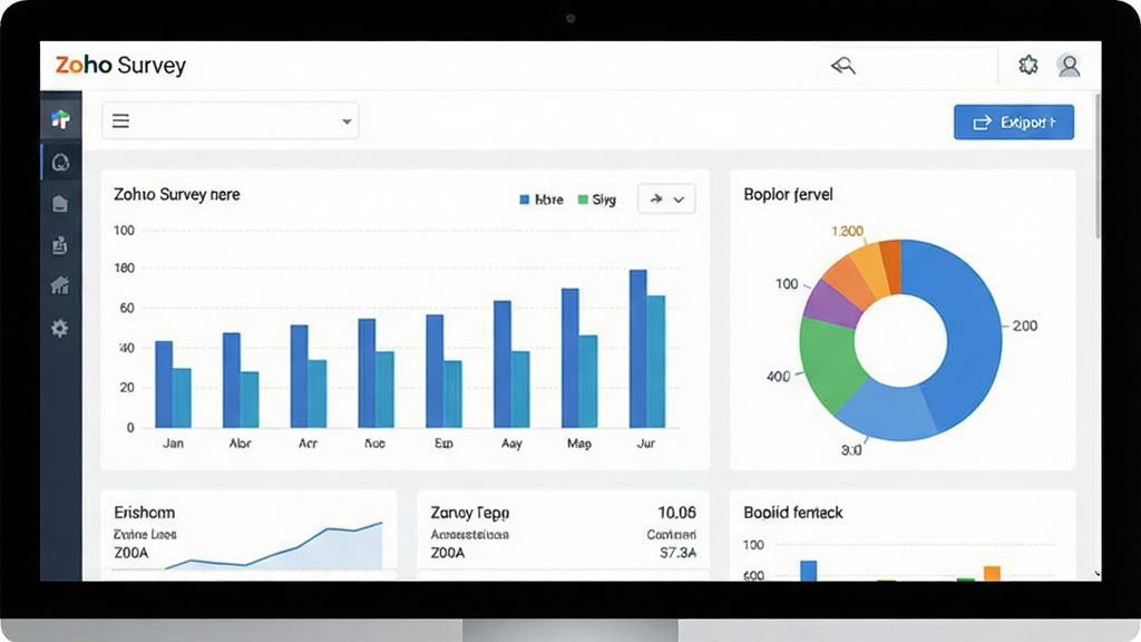 一张Zoho Survey数据分析报表界面图,主体为电脑屏幕显示多张图表,包括柱状图和饼图,布局为仪表盘式排列,风格现代简约,细节包含数据卡片和导出按钮,画质清晰干净无多余元素,屏幕角落显示