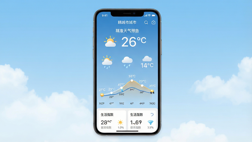 一张手机屏幕展示天气应用主界面的高清图片,画面中央是