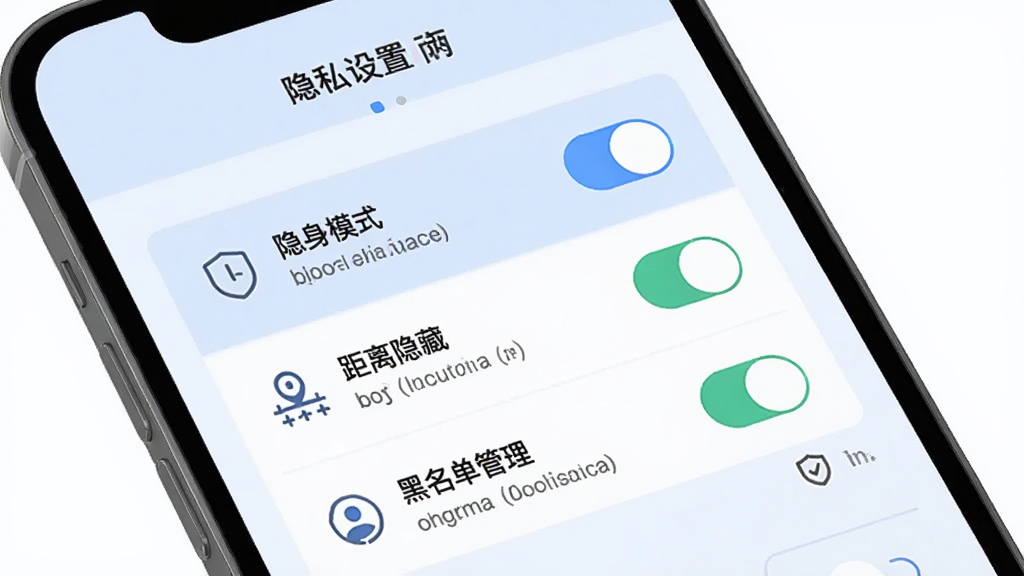 附近遇缘隐私设置页面示意图,手机界面中显示“隐身模式”“距离隐藏”“黑名单管理”等开关选项,背景为淡蓝色调,风格简洁商务,细节有滑块开关、说明文字和盾牌安全图标,画质清晰,无多余装饰