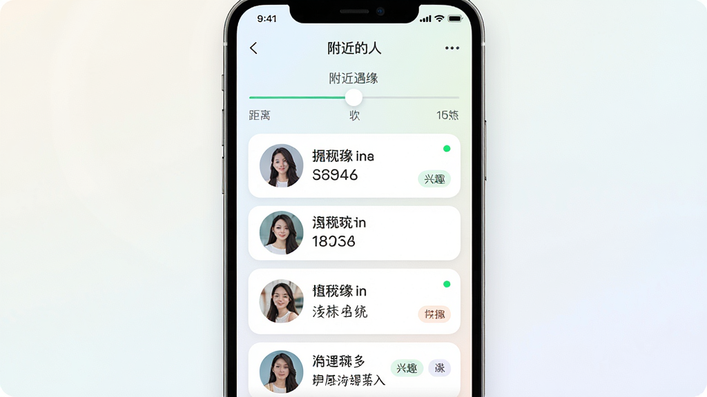附近遇缘应用内“附近的人”列表页面特写,手机竖屏展示,页面上方有距离筛选滑块,下方是整齐的用户卡片,每张卡片包含圆形头像、昵称、距离数值和一句个性签名,背景为浅色渐变,风格简洁清爽,细节有在线绿点标识和兴趣小标签,画质清晰,无杂乱元素
