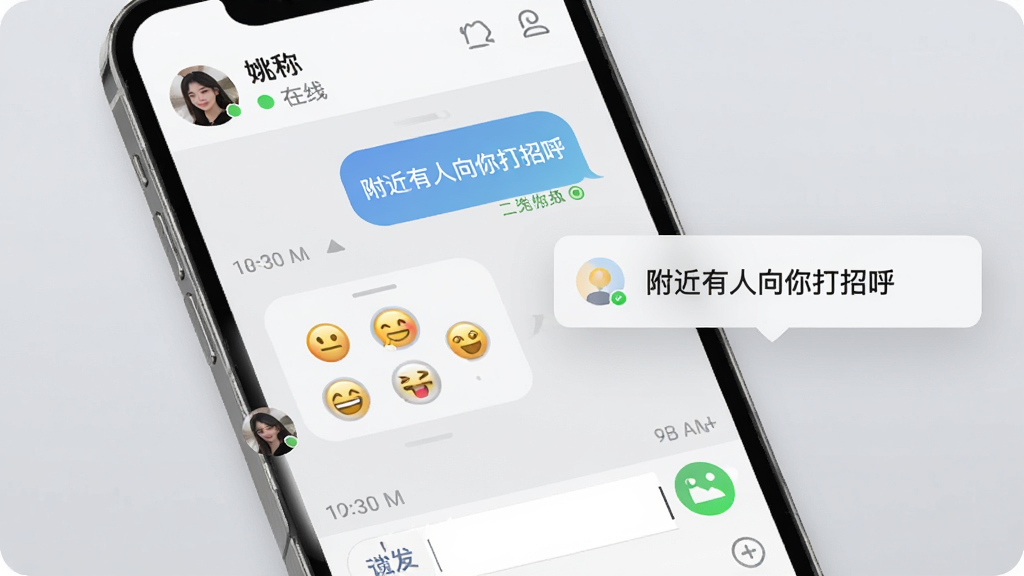 附近遇缘聊天界面与消息通知展示图,手机屏幕中显示对话气泡、表情面板和图片发送按钮,顶部有对方昵称与在线状态,背景为柔和浅灰色,画面右侧漂浮一个通知弹窗显示“附近有人向你打招呼”,风格写实UI展示,细节包括时间戳、已读标记、输入框,画质干净清晰