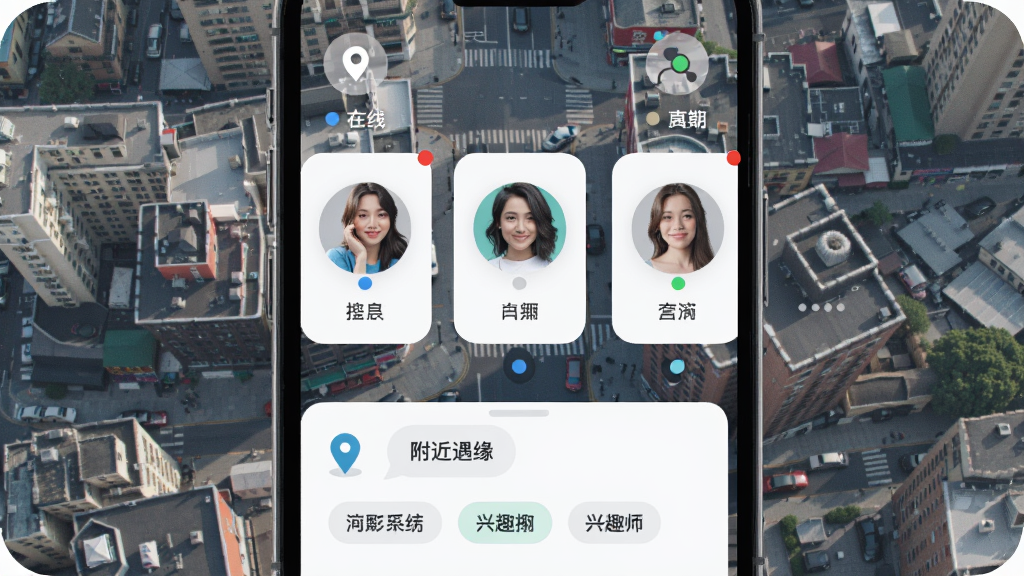 手机屏幕中央展示附近遇缘应用主界面,背景是城市街区俯瞰图,界面中有多个用户头像卡片按距离远近排列,下方有消息气泡和兴趣标签,画面明亮干净,风格为现代扁平化UI展示图,细节包括定位图标、在线状态小圆点、头像卡片圆角设计,画质清晰,无多余元素