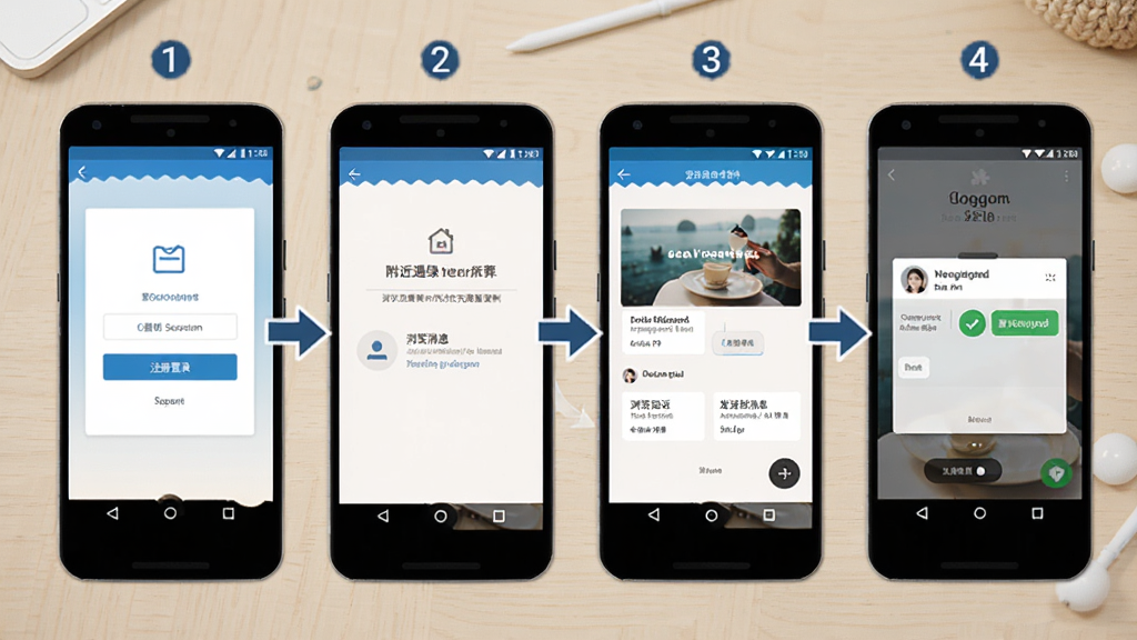 附近遇缘手机端操作步骤示意图,画面中展示一部安卓手机,屏幕依次呈现注册登录、完善资料、浏览附近、发送消息四个界面缩略图,背景为浅色桌面,风格为教程图解,细节包括箭头指引和步骤编号,画质清晰,无多余元素