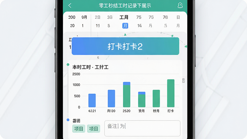 零工秒结工时记录界面展示,手机屏幕显示日历视图与工时统计柱状图,主体为打卡按钮与累计工时数字,布局上下结构,排版整齐,风格为清新商务扁平风,细节包含时间轴、项目标签与备注输入框,画质高清,干净无多余元素