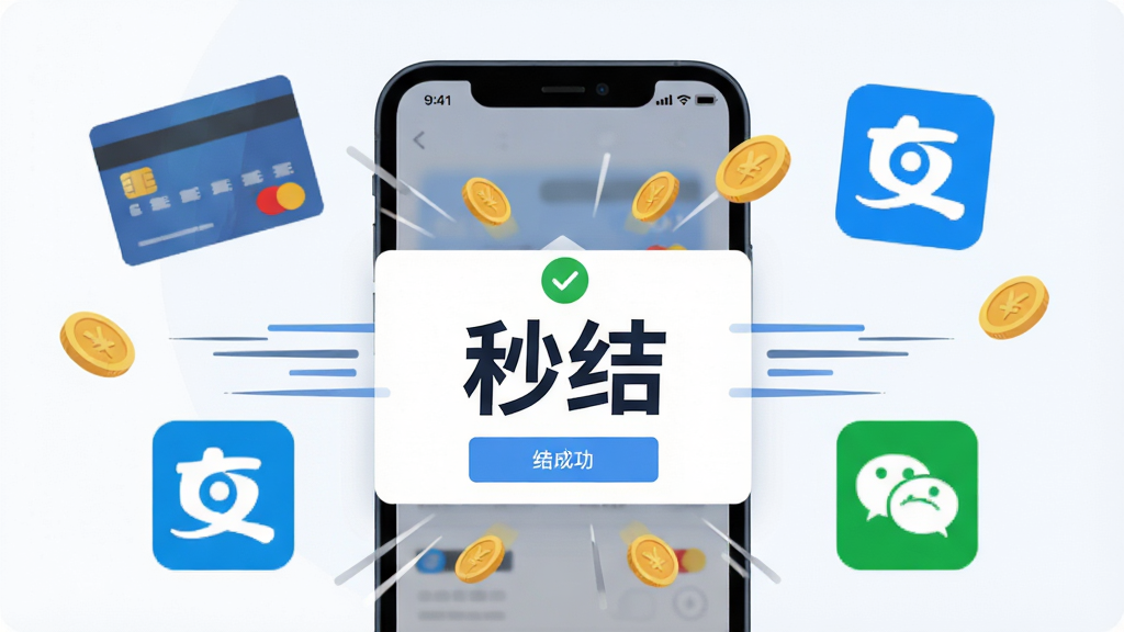 零工秒结极速结算功能展示,画面中央为手机界面弹出结算成功提示框,背景为银行卡、支付宝、微信支付图标环绕,主体突出“秒结”字样,布局对称,排版清晰,风格为现代科技感扁平插画,细节包含金币飘落与速度线条,画质高清,干净无多余元素