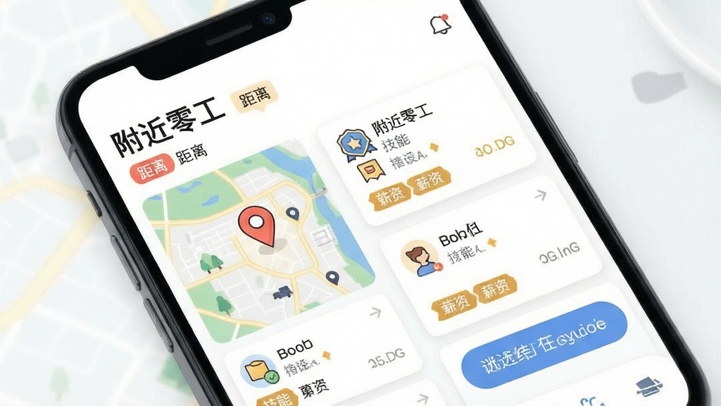 零工秒结任务匹配界面展示,手机屏幕呈现地图定位与周边任务卡片列表,主体为“附近零工”标题与距离标签,布局左图右文,排版错落有致,风格为简约生活化插画,细节包含技能徽章、薪资标签与筛选按钮,画质高清,干净无多余元素