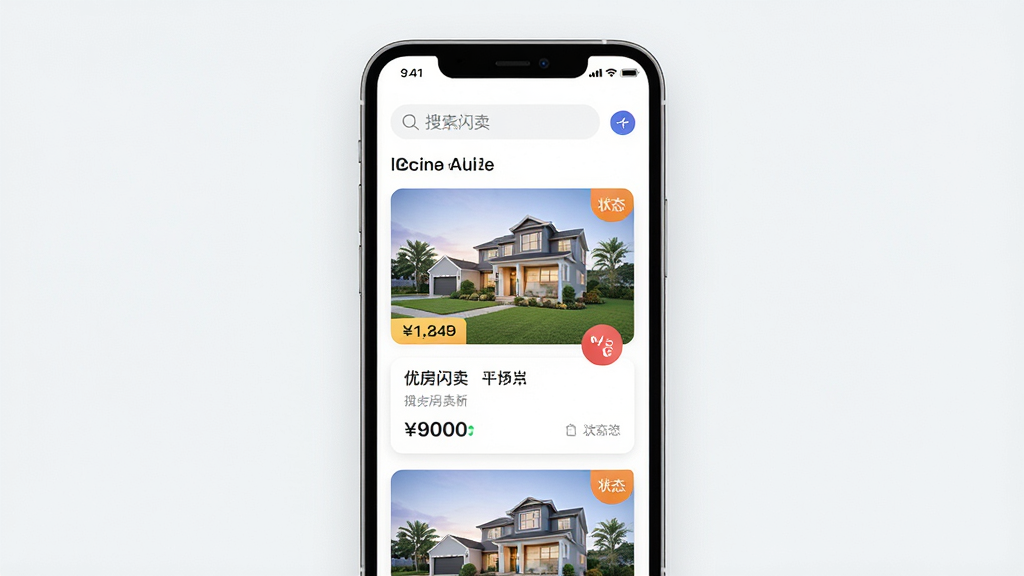 一张展示优房闪卖软件核心界面的手机模型图,主体为一部竖屏智能手机,屏幕上显示优房闪卖App的房源列表页面,布局为顶部搜索栏与下方卡片式房源信息流,排版清晰整洁,风格为现代简约科技风,细节包括房源缩略图、价格标签与状态角标,画质为高清渲染,干净无多余元素