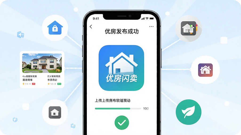 优房闪卖软件功能展示图,画面中央为手机屏幕显示房源发布成功界面,周围环绕着数据同步图标与多平台分发标识,主体突出优房闪卖App图标,布局采用中心放射式构图,风格为扁平化插画,细节包含房源卡片、上传进度条与绿色对勾标记,画质清晰明亮,干净无多余元素