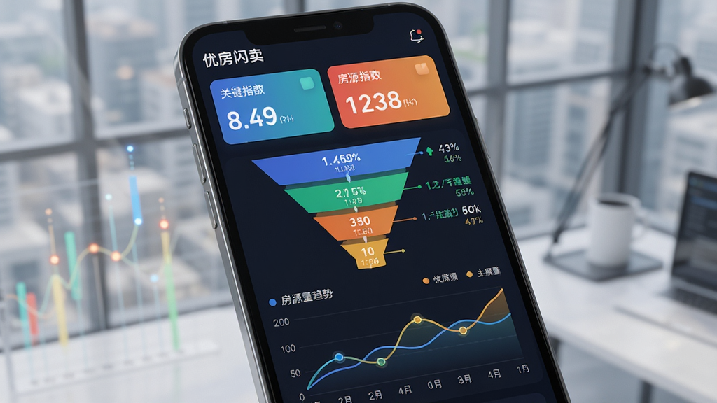 优房闪卖数据看板界面图,主体为手机屏幕展示彩色数据图表与房源转化漏斗,布局为上下结构上方为关键指标卡片下方为趋势折线图,风格为商务科技感,细节包含数字跳动效果、百分比标签与图表图例,画质高清锐利,干净无多余元素