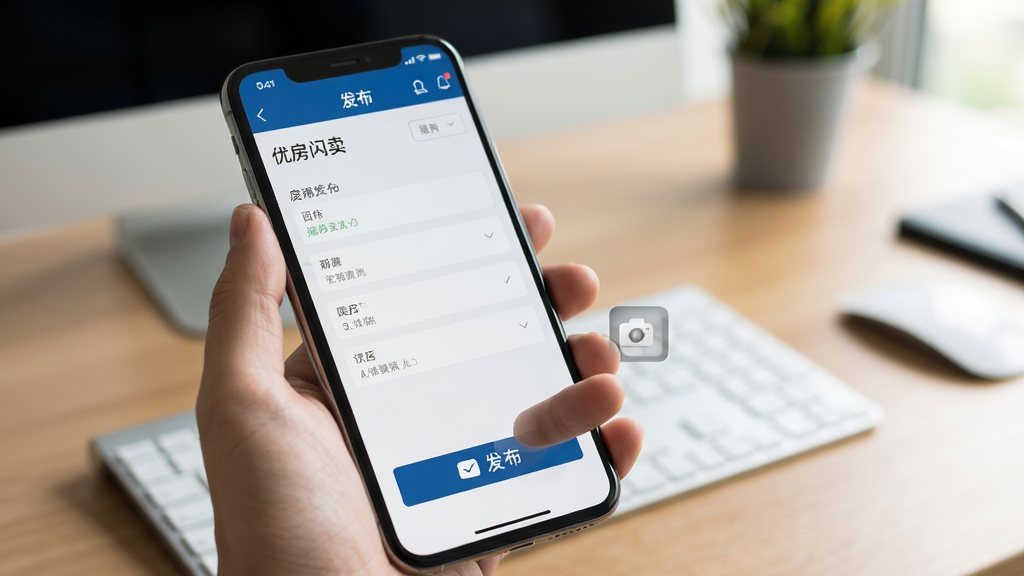 优房闪卖移动端操作示意图,主体为一只手握持手机展示App房源发布界面,布局为前景手机与背景虚化的办公桌面,风格为实景摄影风,细节包含手指点击发布按钮的动作、屏幕上的表单填写状态与相机图标,画质高清自然,干净无多余元素