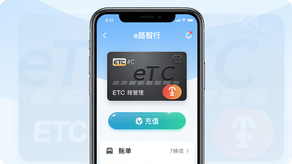 一部手机展示“e路智行”ETC管理界面,界面中有ETC卡片图标、充值按钮和账单列表,背景为浅蓝色渐变,布局简洁居中,风格为扁平化UI设计,细节包括卡片纹理和按钮高光,画质清晰,干净,无多余元素