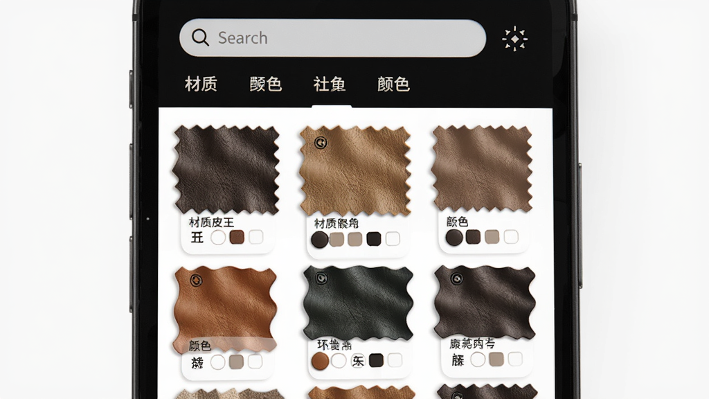 一张展示玩皮王虚拟皮革材料库的图片,画面中手机屏幕显示着排列整齐的皮革样本,每种皮革下方标注着材质名称和颜色选项,屏幕上方有搜索框和分类标签,整体风格清新简约,画质清晰,无多余元素。
