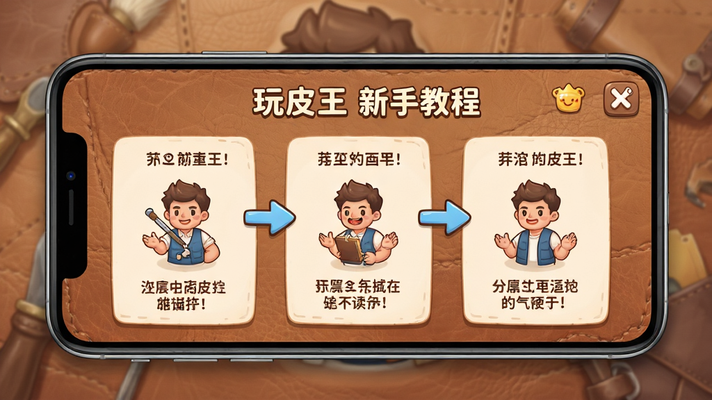 一张展示玩皮王新手教程界面的图片,画面中手机屏幕显示着分步操作指引,有箭头和文字说明,背景是柔和的皮革纹理,风格友好易懂,画质清晰,无多余元素。