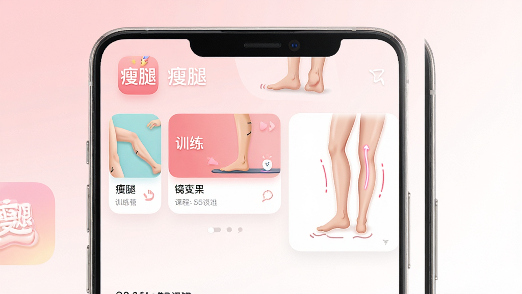一张展示瘦腿App主界面的手机应用截图,画面中央是手机屏幕,屏幕内显示瘦腿App的UI界面,包含训练课程卡片和腿部线条插画,背景是柔和的浅粉色与白色渐变,布局简洁居中,风格清新现代,细节上体现App图标和“瘦腿”文字标识,画质高清,干净,无多余元素