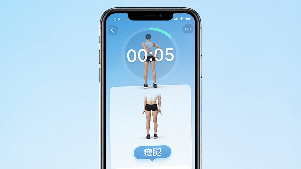 一张AI生成的图片,主体是手机屏幕显示瘦腿App的训练倒计时界面,布局为手机竖屏特写,排版简洁,风格为运动科技感,细节包括屏幕内显示动作示范小人、倒计时数字和“瘦腿”标识,背景为浅蓝色渐变,画质高清,干净,无多余元素