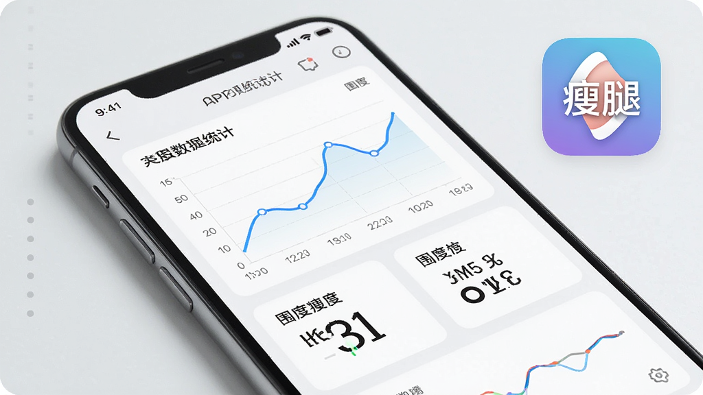 一张AI生成的图片,主体是手机屏幕显示瘦腿App的数据统计页面,布局为手机正面特写,排版突出图表与数字,风格为科技简约风,细节包括屏幕内显示折线图与围度数据,旁边有“瘦腿”App图标,画质高清,干净,无多余元素