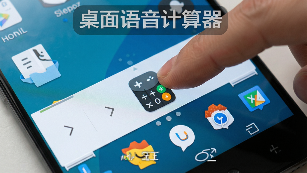 一张展示在手机桌面上添加桌面语音计算器快捷方式的示意图,画面中手机屏幕显示桌面编辑界面,手指正在将计算器图标拖拽到桌面空白处,背景是安卓系统桌面,风格写实,细节清晰,画质干净,图片中文字为“桌面语音计算器”