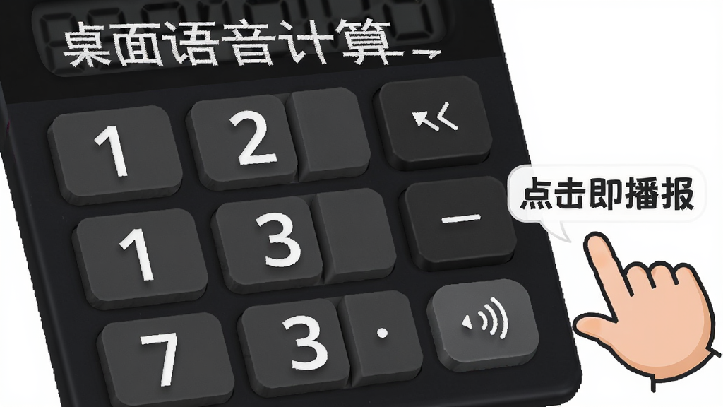一张桌面语音计算器的界面特写图,展示大号数字按键和语音播报开关按钮,界面配色为深色背景配白色数字,按键有轻微立体感,画面右侧有一个卡通手指标注着“点击即播报”,整体风格简洁直观,画质清晰,无多余元素,图片中文字为“桌面语音计算器”