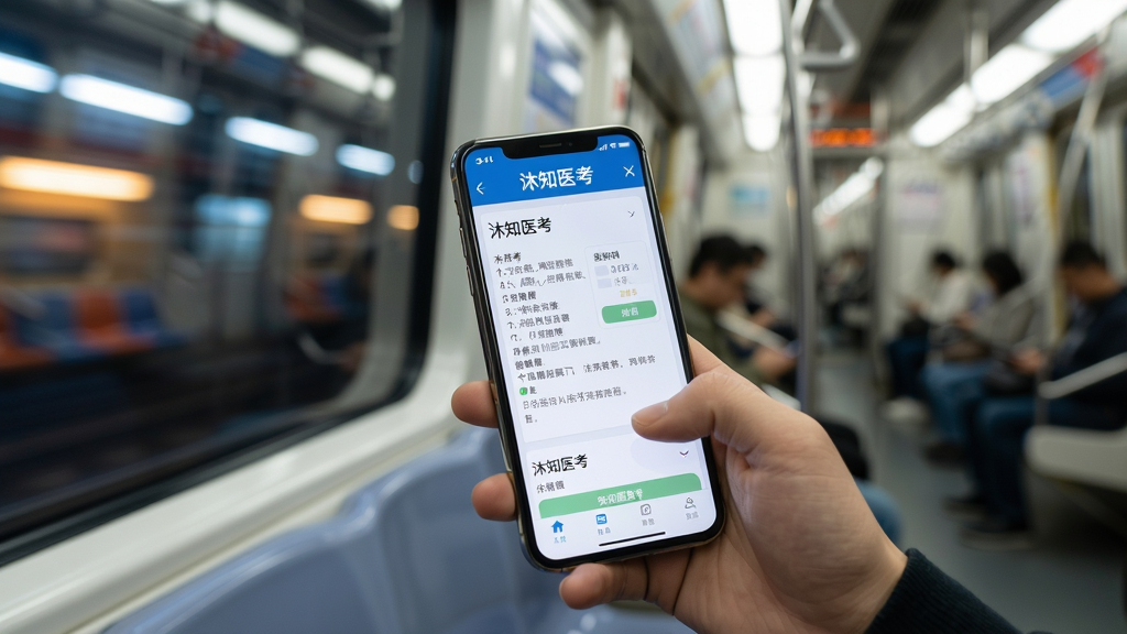 一个手持智能手机的用户在地铁车厢内使用“沐知医考”刷题,手机屏幕清晰显示题目内容,背景是模糊的地铁车厢和窗外飞驰的灯光,风格生活化、真实感强,画质清晰,干净无杂乱元素