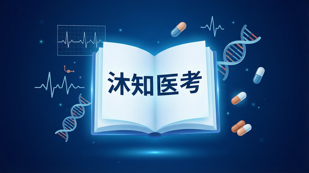 一个充满科技感的学习场景,画面中央悬浮着一本发光的电子书,书页上显示着“沐知医考”四个大字,周围环绕着各种医学符号和图表,如心电图、DNA双螺旋、药丸等,背景是深蓝色渐变,风格现代简洁,画质高清,干净无杂乱元素