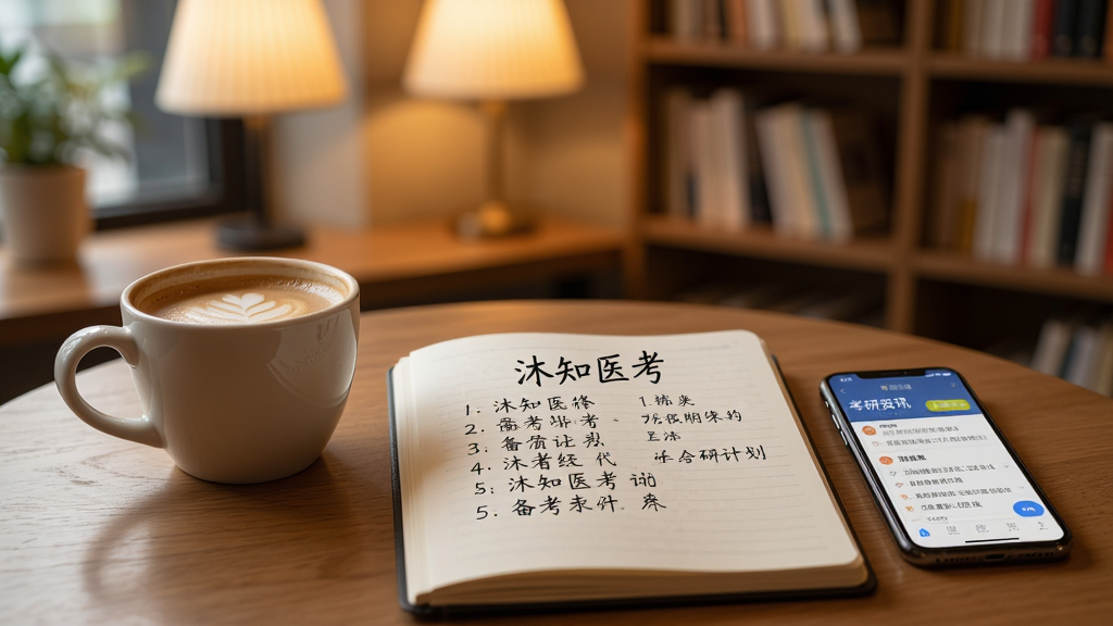 一个温馨的咖啡馆角落,桌上放着一杯咖啡和一本打开的笔记本,笔记本上写着“沐知医考”的备考计划,旁边是一部手机显示着考研资讯页面,背景是柔和的灯光和书架,风格安静、舒适,画质清晰,干净无多余元素