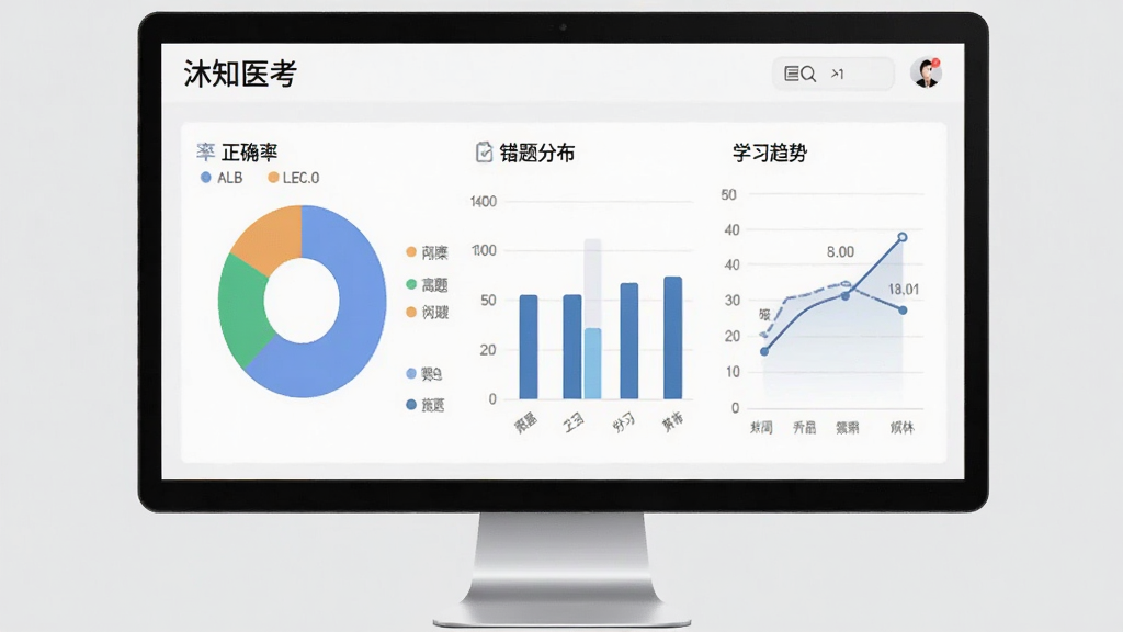 一个简洁的数据可视化界面,屏幕上显示着“沐知医考”的学习报告,包括饼状图、柱状图和折线图,展示正确率、错题分布和学习趋势,背景是浅灰色,风格商务简约,画质清晰,干净无多余元素