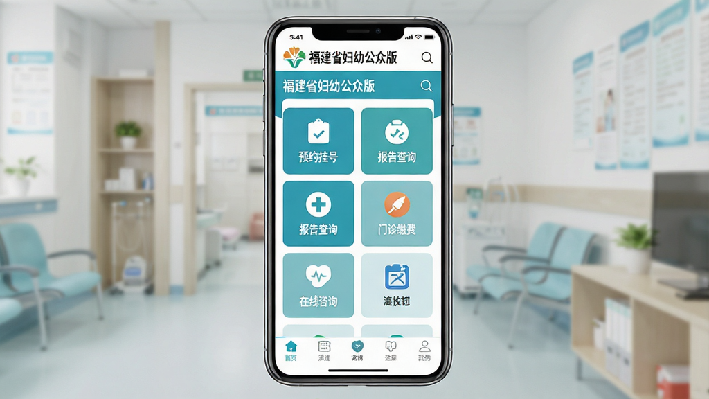 一张展示福建省妇幼公众版手机应用界面的详细图片,主体为一部竖屏智能手机,屏幕中显示“福建省妇幼公众版”应用首页,包含预约挂号、报告查询、门诊缴费、在线咨询等图标模块,布局清晰,排版整齐,风格为现代医疗健康类APP界面,细节包括顶部医院logo、中间功能网格、底部导航栏,画质高清,干净明亮,无多余元素