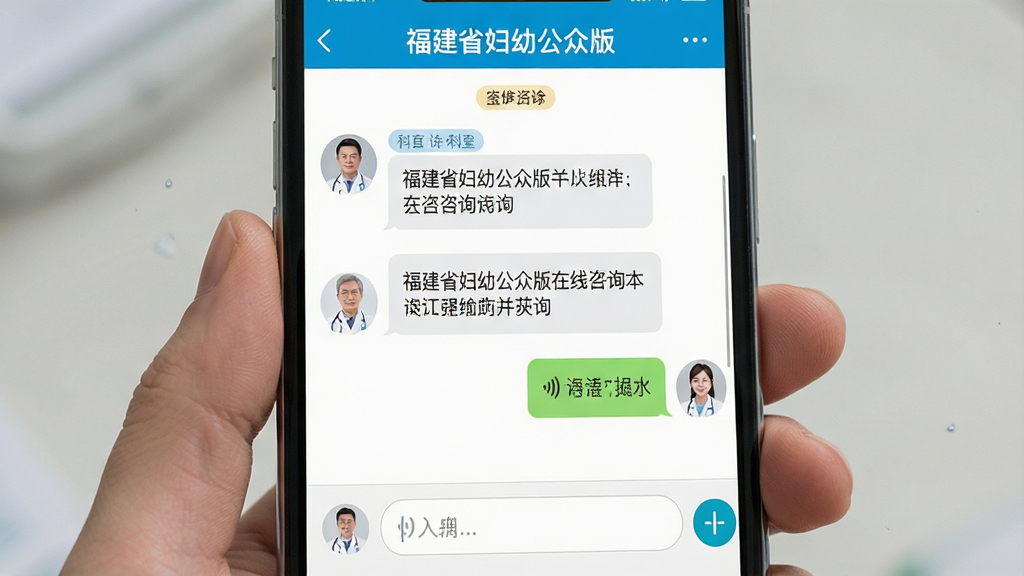 一张展示“福建省妇幼公众版”在线咨询功能的图片,主体为手机屏幕特写,界面中显示医生与用户的对话气泡,包含文字和语音消息,布局为聊天窗口样式,风格为简洁医疗问诊界面,细节包括医生头像、科室标签、输入框,画质清晰,干净整洁,无多余元素