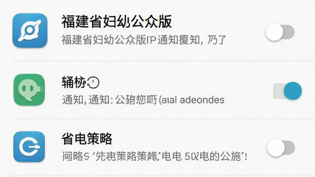 一张展示“福建省妇幼公众版”在手机后台运行设置的界面图,画面为安卓系统设置页面,突出显示通知管理和省电策略选项,布局为系统设置列表,风格为实用教程截图,细节包括应用图标、开关按钮、文字说明,画质清晰,干净直观,无多余元素
