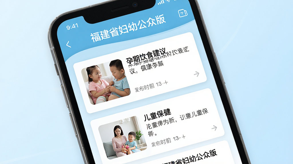 一部手机屏幕显示“福建省妇幼公众版”健康科普页面,页面中包含孕期饮食建议和儿童保健文章列表,背景为淡蓝色渐变,布局为卡片式信息流,风格为清新健康资讯界面,细节包括文章缩略图、标题文字、发布时间,画质高清,干净清爽,无多余元素