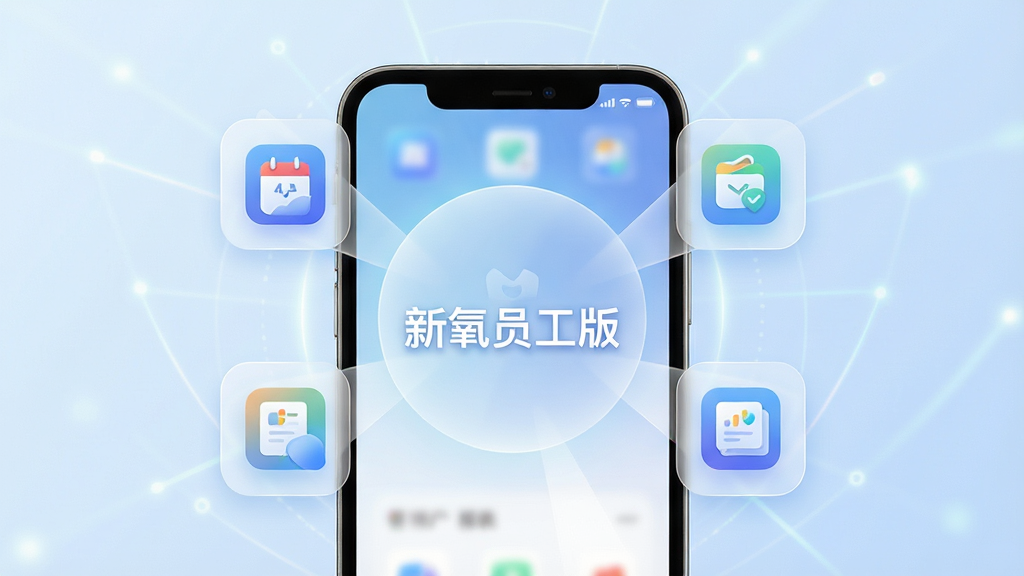 画面展示一部智能手机屏幕中央显示“新氧员工版”应用的功能聚合界面,周围环绕着代表考勤、审批、客户、报表等功能的半透明图标,主体为手机与功能图标组合,布局采用中心放射状构图,排版简洁有序,风格为科技感轻商务,细节包括图标渐变色彩、手机屏幕微光、背景淡蓝色渐变,画质为高清,干净,无多余元素