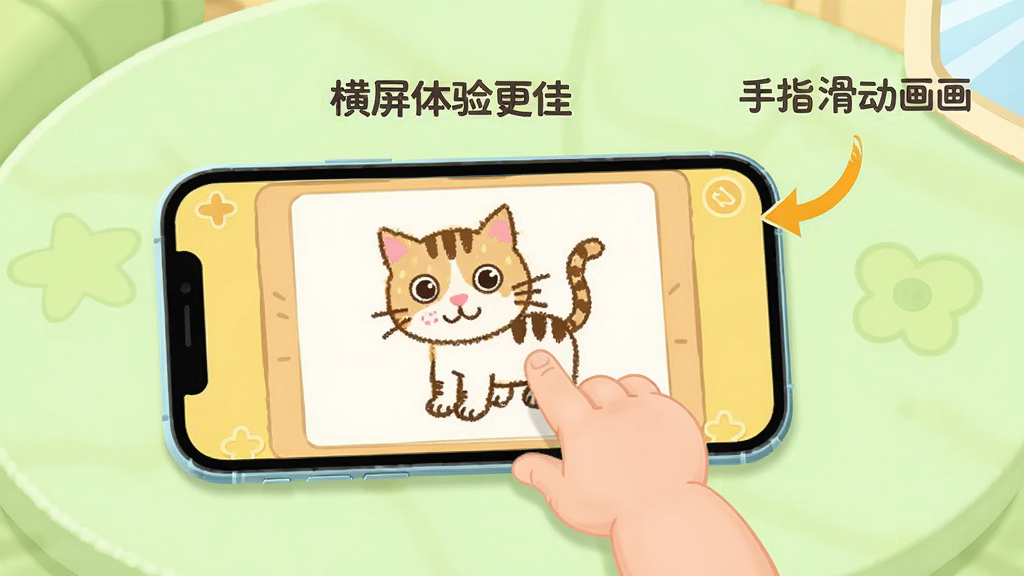 宝宝画妈妈猜移动端操作示意图,画面展示一部智能手机横屏放置,屏幕上显示宝宝画妈妈猜的画板界面,一只小手正在屏幕上画一只小猫,手机旁边有箭头标注