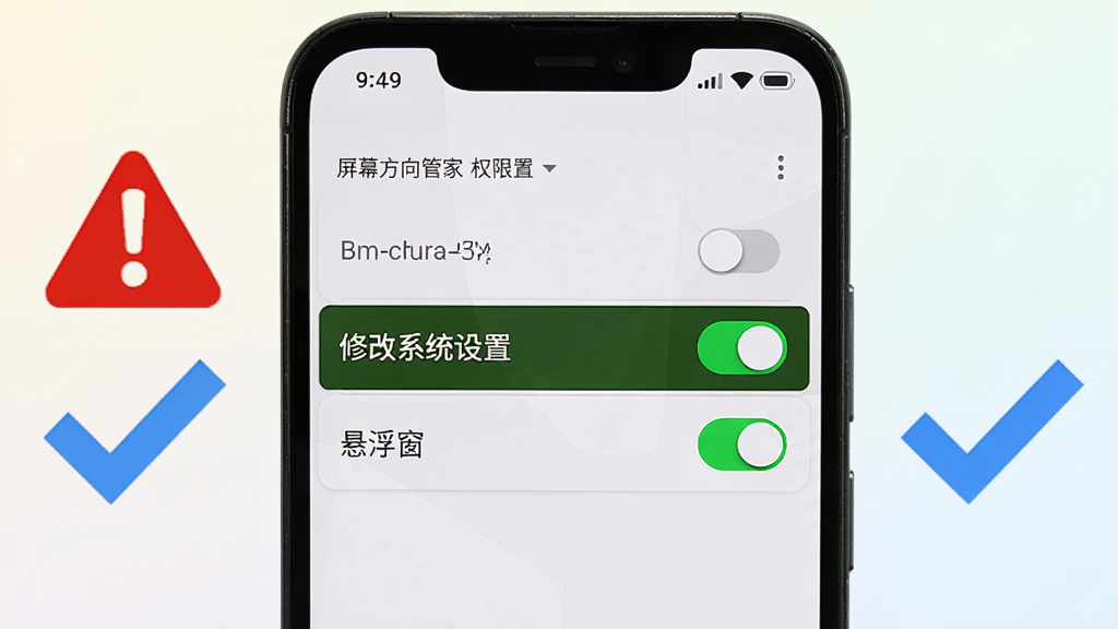 一部安卓手机屏幕显示屏幕方向管家的权限设置页面,页面中高亮显示“修改系统设置”和“悬浮窗”两个权限开关,手机旁边有红色警示图标和蓝色对勾图标,背景为浅色渐变,布局为手机居中、图标分列两侧,风格为教程指引风,细节包括权限开关的绿色开启状态、警示图标醒目,画质为高清,干净,无多余元素