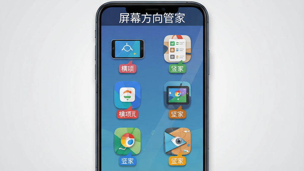 画面展示一部安卓手机屏幕,屏幕中同时显示多个应用图标,每个图标下方标注横屏或竖屏的小标签,手机上方有屏幕方向管家软件名称文字“屏幕方向管家”,背景为浅灰色渐变,布局采用手机正面平铺、图标环绕排列,风格为简洁信息图风,细节包括图标阴影、标签色彩区分、文字清晰,画质为高清,干净,无多余元素