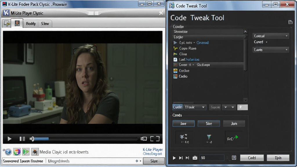 һ��չʾK-Lite Codec Pack���ù�����ϵ�ͼƬ��������Media Player Classic������������Codec Tweak Tool���ߴ��ڲ�����ʾ������Ϊ���ҶԱȣ����Ϊ������ͼ���ϸ�ڰ�����������Ƶ���Ż��桢���ߴ����е��б��밴ť������Ϊ���壬�ɾ������ҡ�