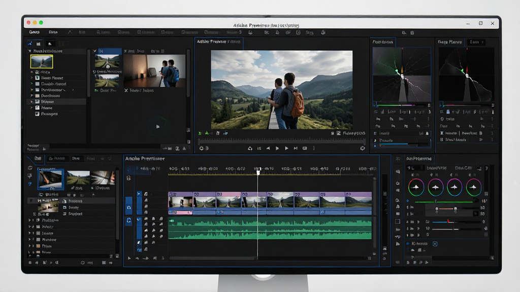 一张展示Adobe Premiere Pro软件界面的全景图,主体为电脑屏幕上打开的视频剪辑时间线面板,布局左侧为项目素材库,中间为节目监视器画面,右侧为调色与效果控件,整体排版居中,风格为写实科技感,细节包括轨道上的视频片段缩略图、音频波形、播放指针,画面干净明亮,画质为4K高清,无多余元素。