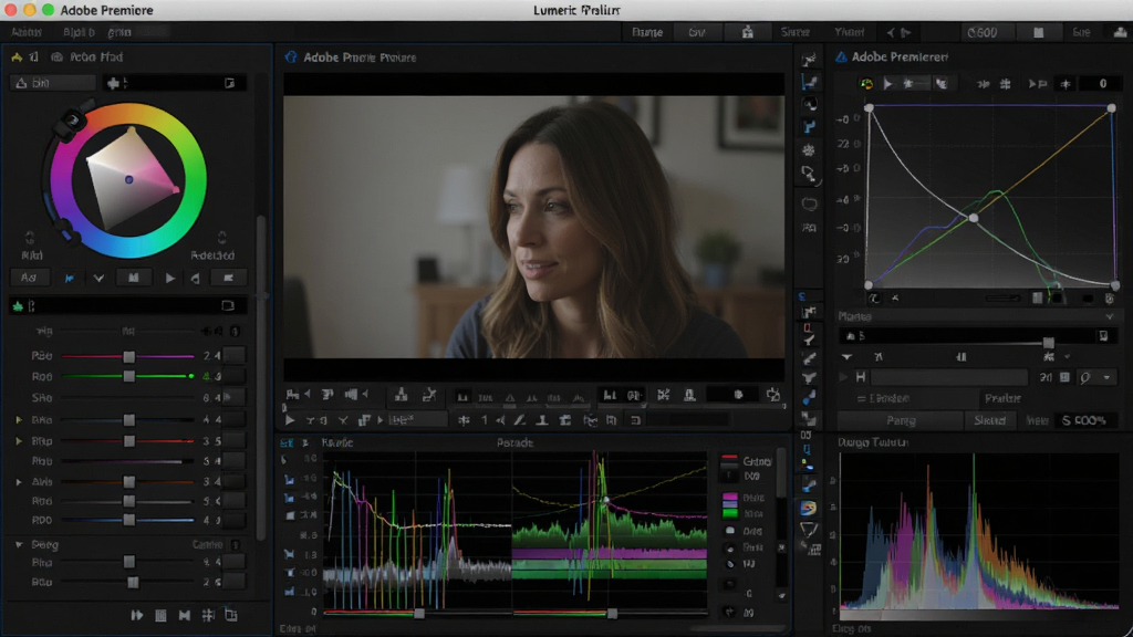 一张展示Adobe Premiere Pro Lumetri颜色调色面板的界面图,主体为软件中的调色工作区,布局左侧为色轮与滑块,中间为预览画面,右侧为曲线与示波器,排版对称,风格为专业影视后期风格,细节包括矢量示波器、RGB parade、色相饱和度曲线,画面干净无杂乱,画质为高清。