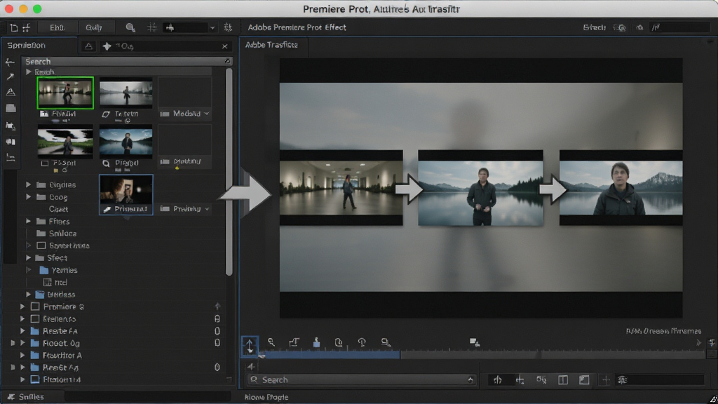 一张展示Adobe Premiere Pro特效与转场库的界面图,主体为效果面板与节目监视器中的转场预览,布局左侧为效果列表分类,右侧为应用转场后的画面,排版清晰,风格为软件操作界面风格,细节包括特效缩略图、搜索框、拖拽箭头,画面干净,画质为高清,无多余元素。