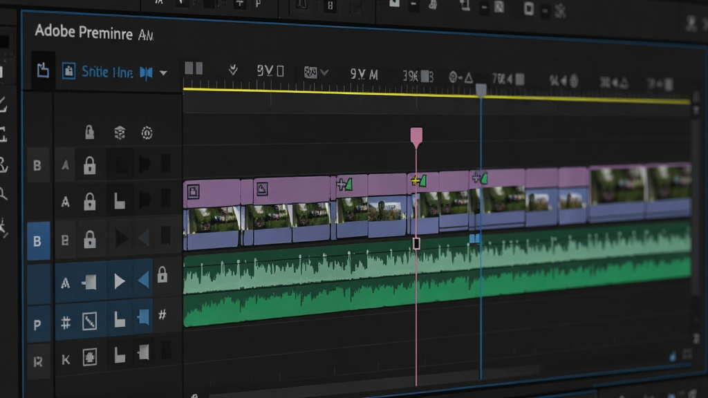 一张展示Adobe Premiere Pro多轨道时间线剪辑功能的特写图,主体为软件界面中的时间线区域,布局上多条视频与音频轨道平行排列,轨道上分布着彩色片段块与关键帧标记,排版紧凑有序,风格为专业软件截图质感,细节包括播放头、轨道锁定图标、音频波形,画面干净清晰,画质为高清,无多余元素。
